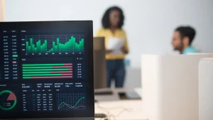 analytics dashboard on monitor in office
