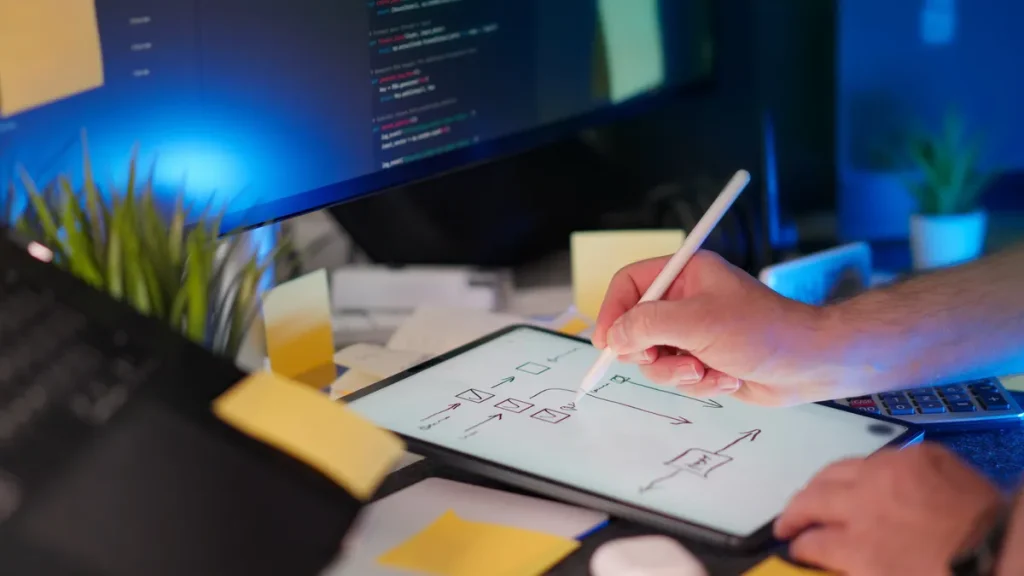 Hand sketching a workflow diagram on a tablet at a desk