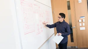 Person drawing workflow diagrams on a whiteboard